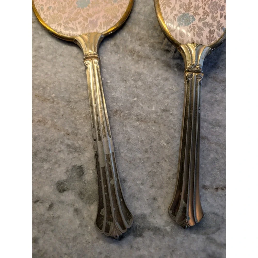 Vintage Mirror and‎ Brush Set Vanity Set Gold Tone Floral Design